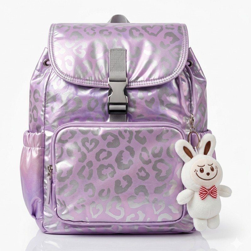 George backpack features a lilac holographic leopard print design