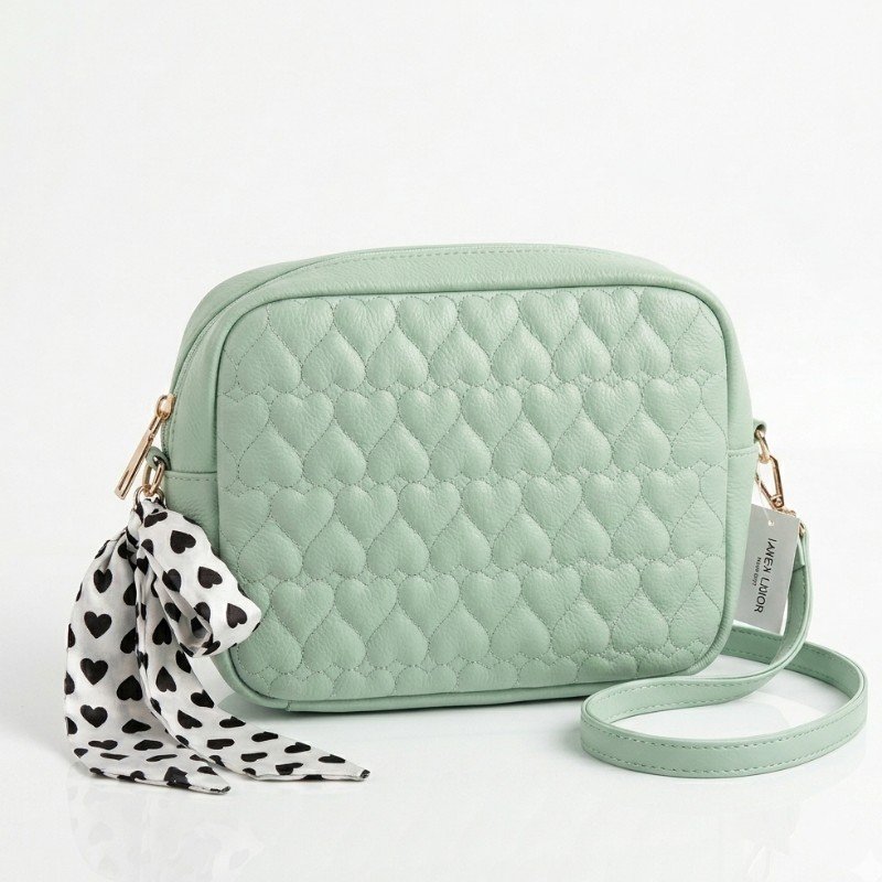 mint green LANEX LAJIOR handbag features a distinctive heart-quilted pattern and a matching black-and-white patterned scarf attached to the side