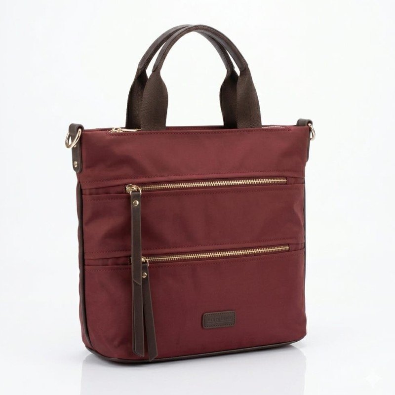 maroon paraşüt kumaş (parachute fabric) tote bag features multiple front zipper pockets and durable brown handles.