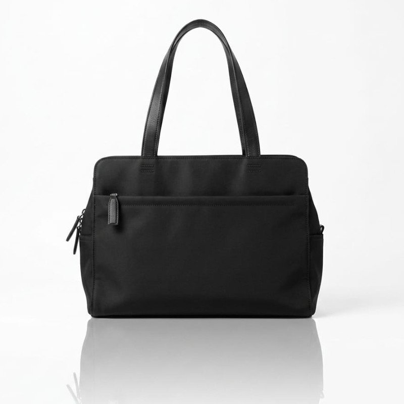 black nylon ACE Sears tote bag features structured top handles and a functional front zippered pocket for organization