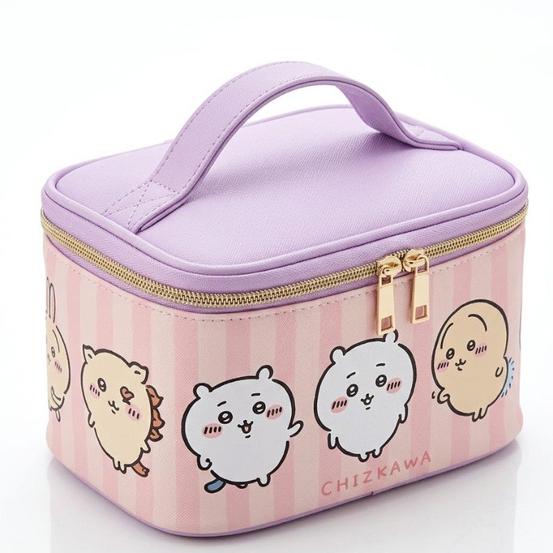 pink and purple Chiikawa branded vanity pouch features a charming striped design and durable zipper closures.