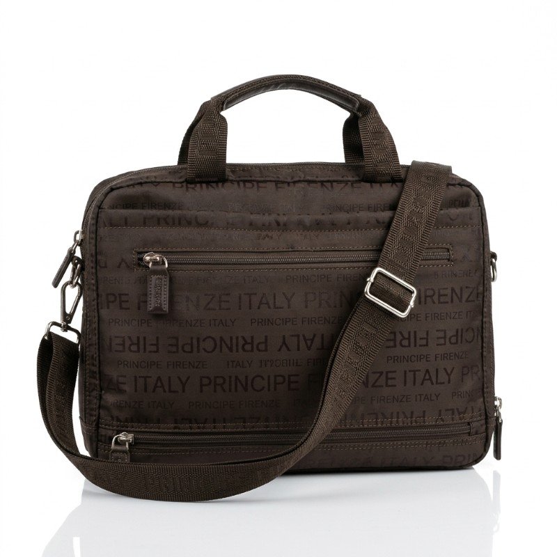 brown nylon Principe Firenze messenger bag features a repeating logo pattern and an adjustable shoulder strap.