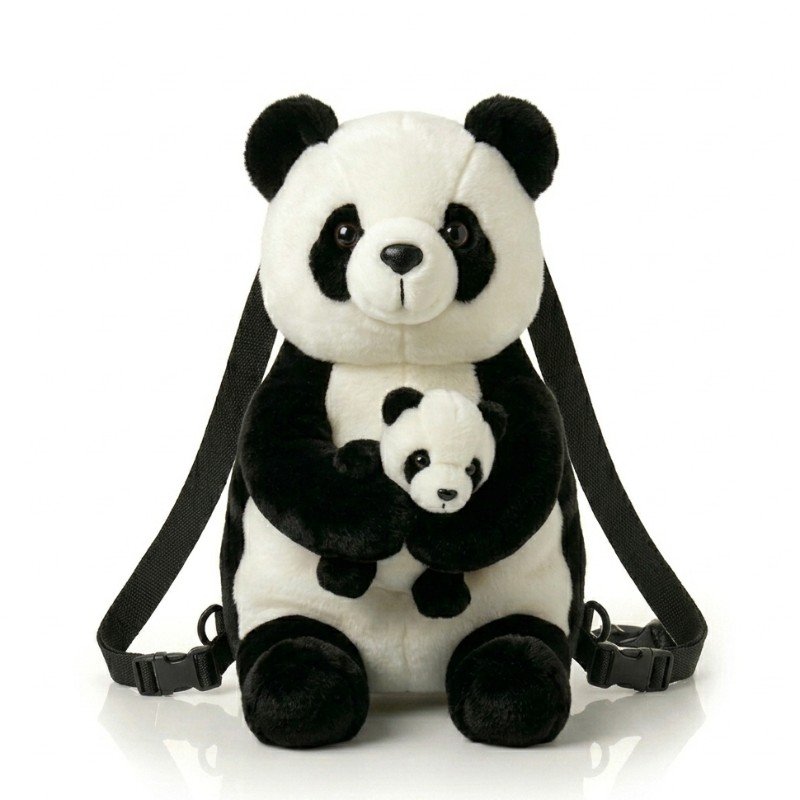 plush panda backpack features adjustable black straps and a smaller plush panda cradled in the larger one's arms