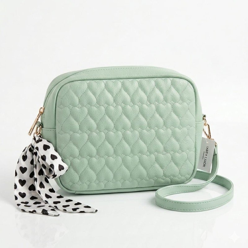 reen cross-body bag from Daraz features a quilted heart pattern and an attached black and white patterned scarf.