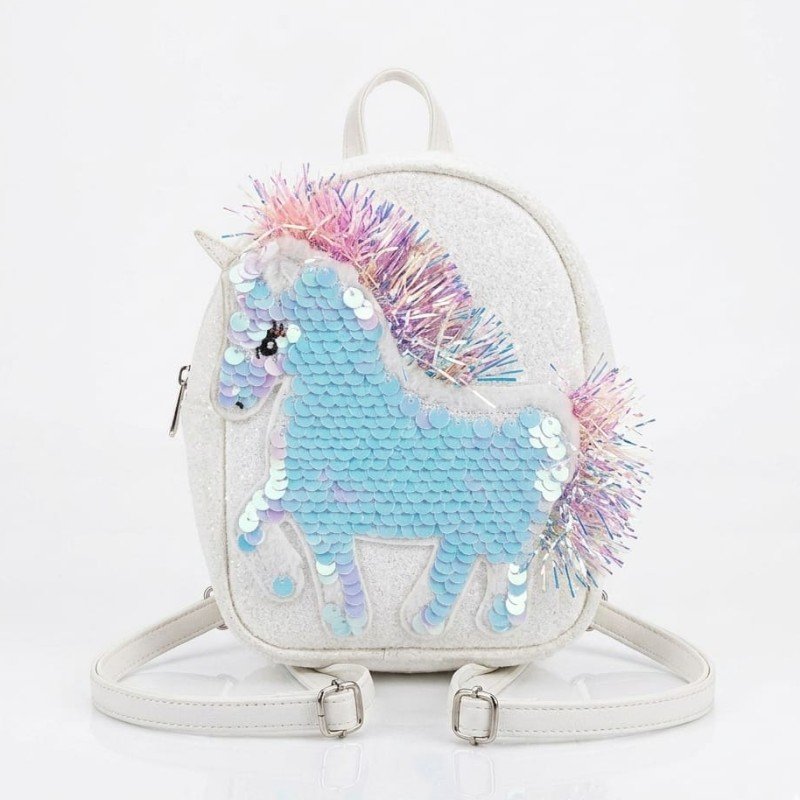 white mini backpack is from The Children's Place and features a reversible sequin unicorn design