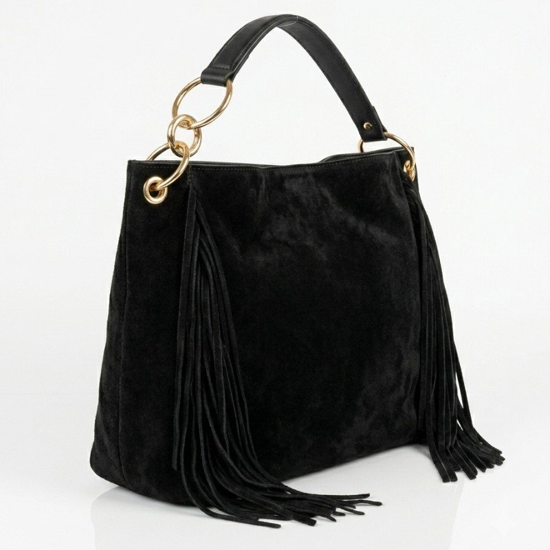 black suede boho-style handbag