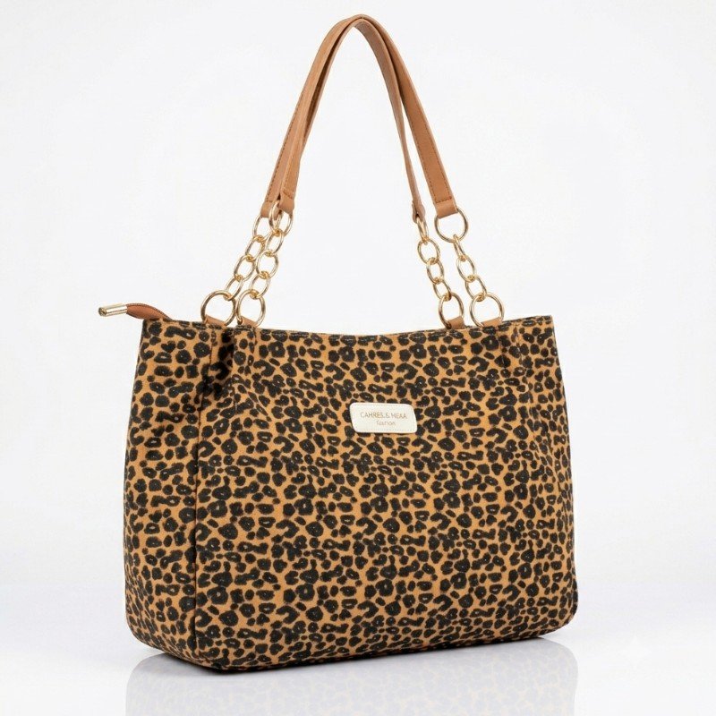Cahrels Wear tote bag features a bold leopard print and distinctive gold chain