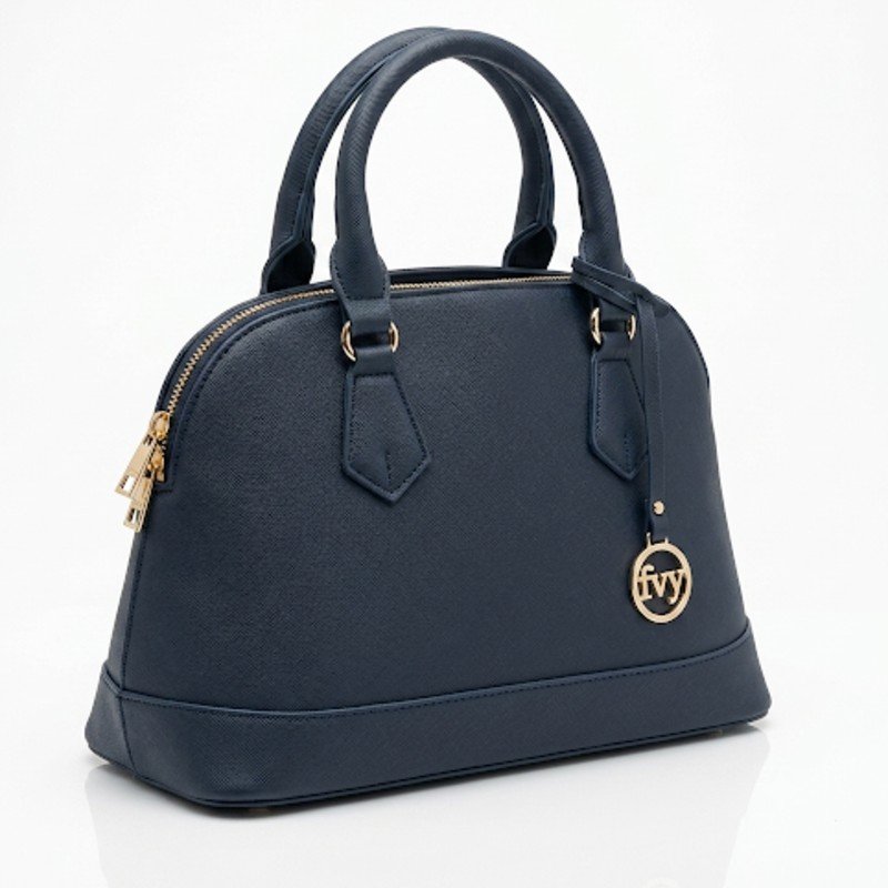 blue Favvy handbag structural design and gold-tone "fvy" logo charm.