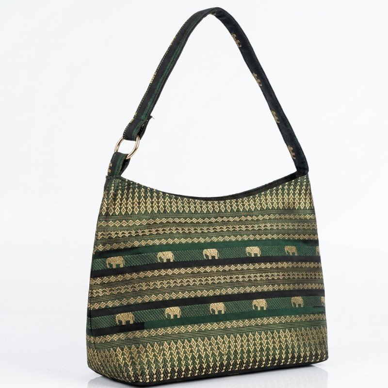Green Thai silk hobo bag embroidered gold elephants and metallic thread detailing.