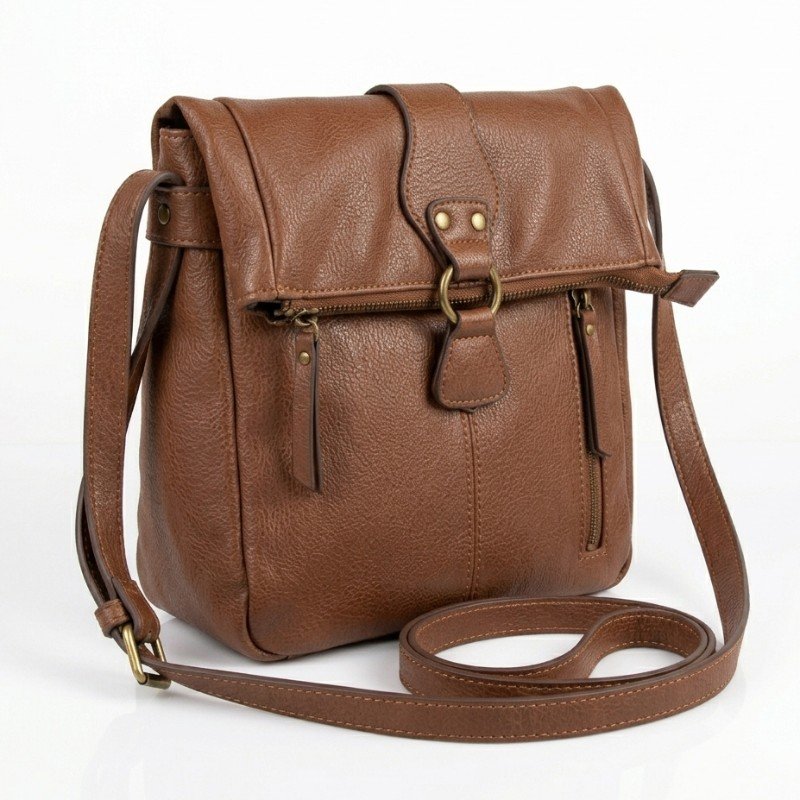 Brown leather crossbody bagfolded top flap with a buckle closure and two front zippered pockets.