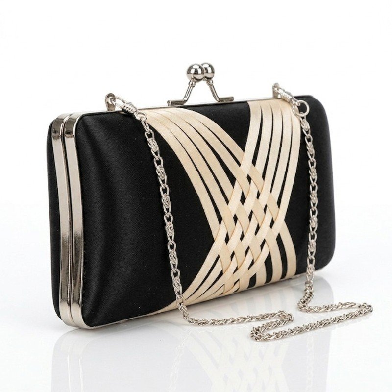 Black satin evening clutcha silver-toned metal frame and a woven beige ribbon design on the front.
