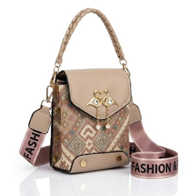 Beige geometric-patterned crossbody phone bag