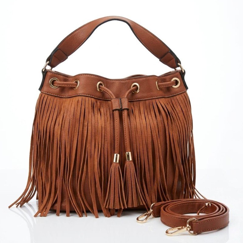 Di Grazia brown fringe tassel bucket shoulder bag