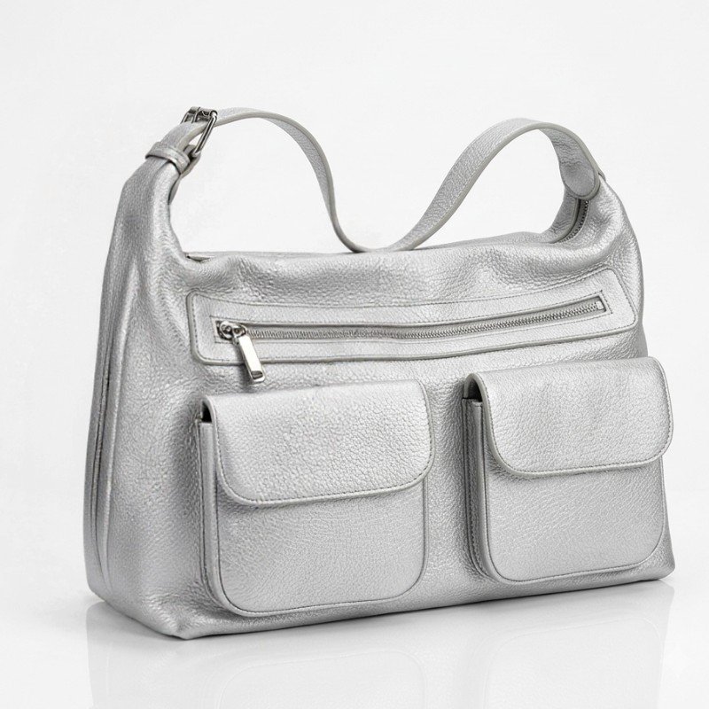 Silver Metallic Shoulder Bag with Double Flap Pockets