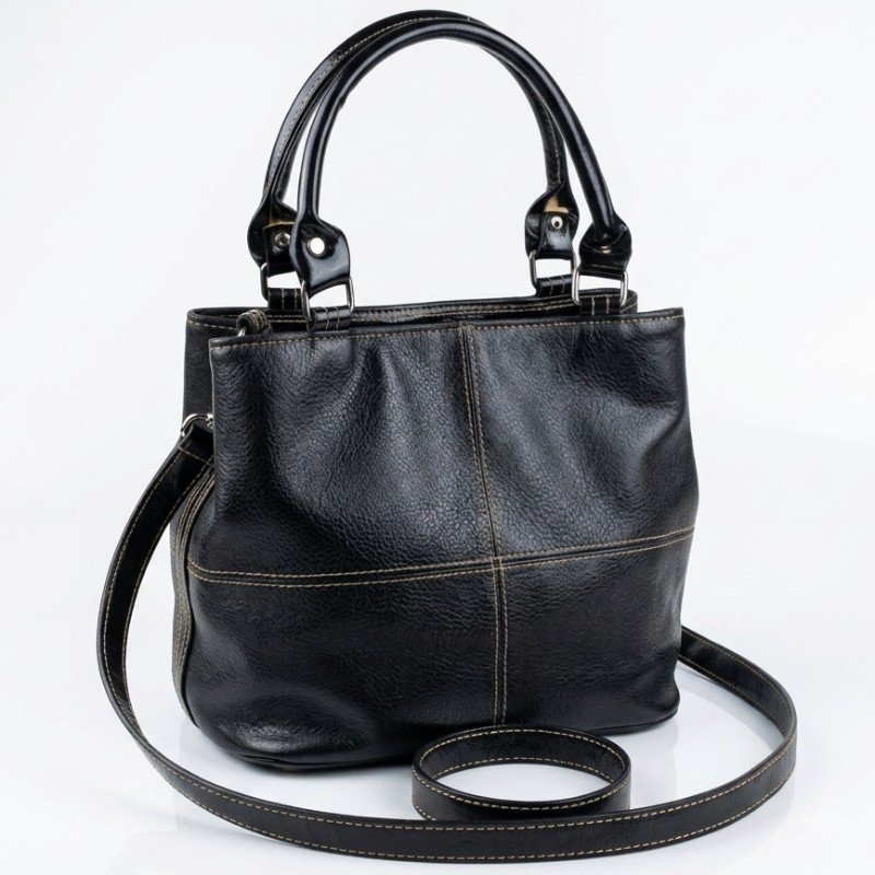 Black Pebbled Leather Handbag with Contrast Stitching