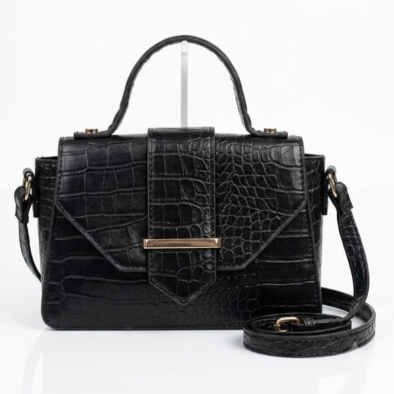 Black Crocodile Pattern Mini Square Crossbody Bag with Top Handle