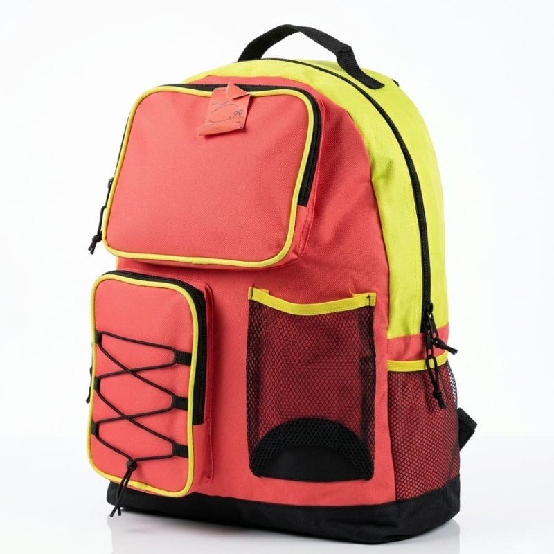 yellow and coral color-blocked backpack