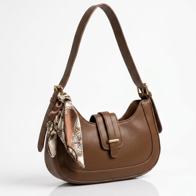 Brown Crescent Shoulder Bag with Silk Scarf Accent