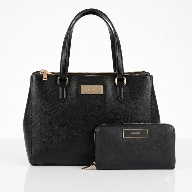 DKNY Saffiano Leather Double Zip Tote Bag With Matching Wallet Set - Black