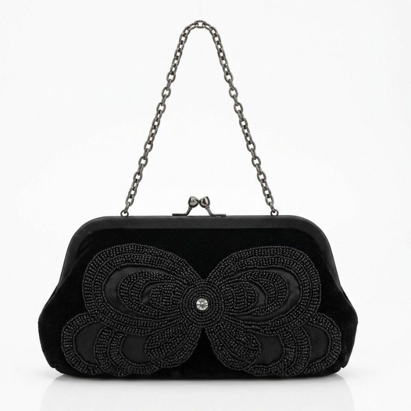 Elegant Black Beaded Bow Clutch Bag