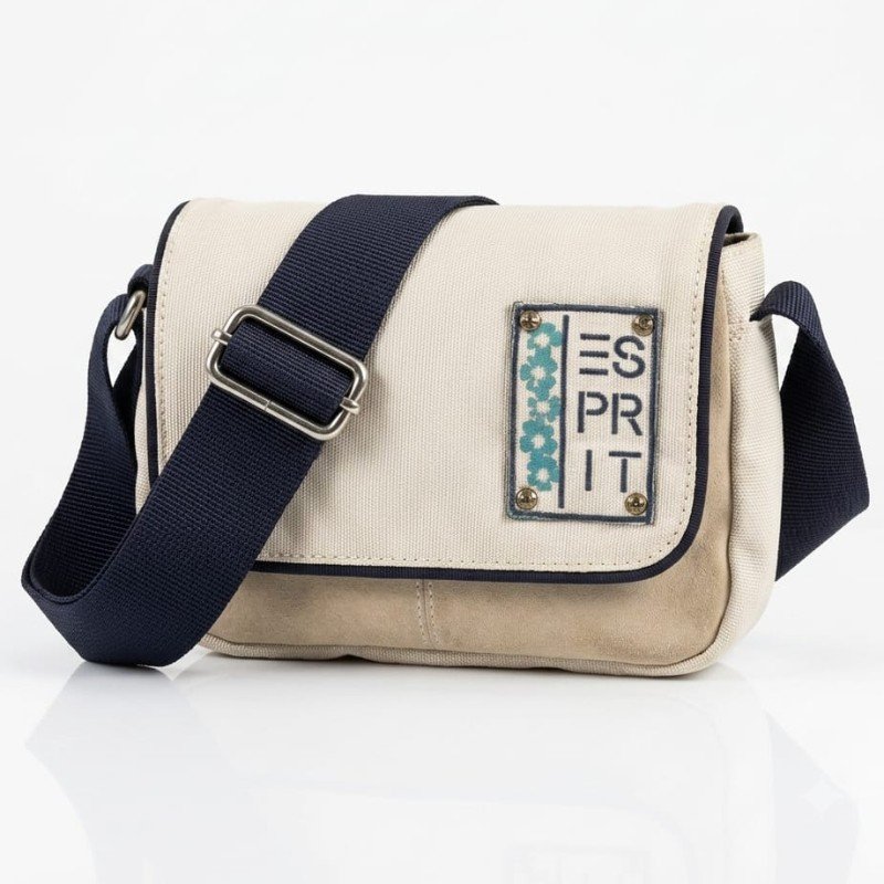 beige and navy canvas crossbody bag