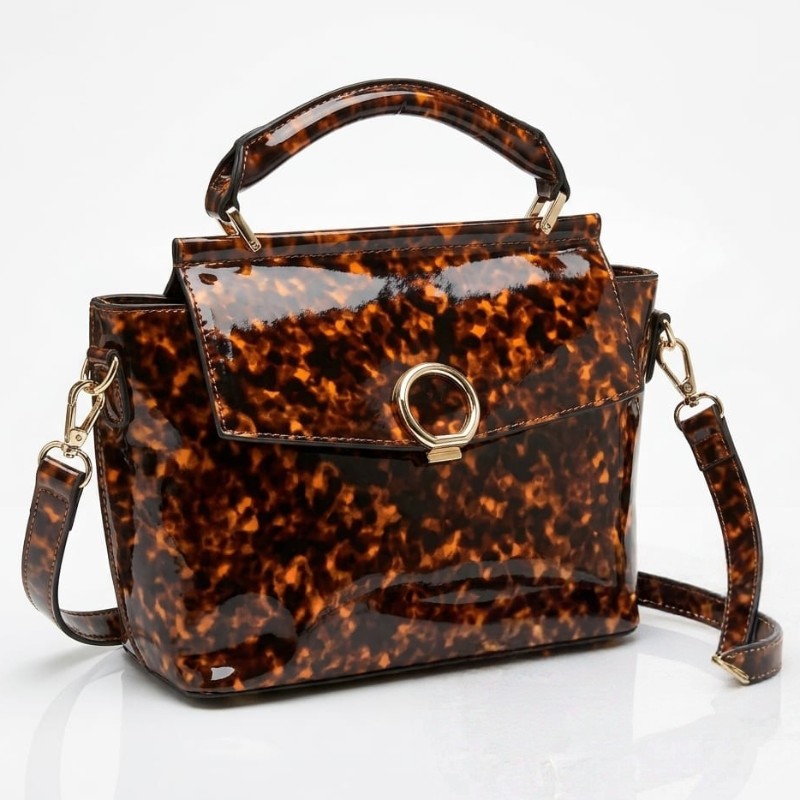 Just fab Tatum small satchel handbag features a glossy tortoiseshell patent finish