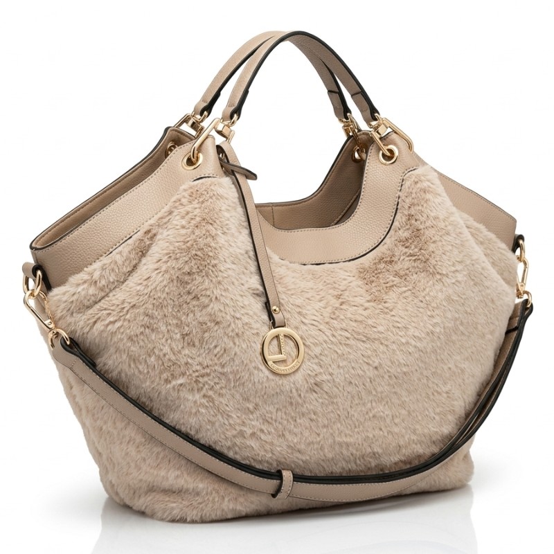 Luxury Beige Faux Fur Handbag with Leather Straps
