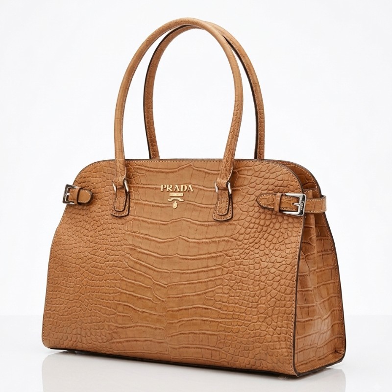 Prada Tan Brown Croc-Embossed Leather Satchel Bag