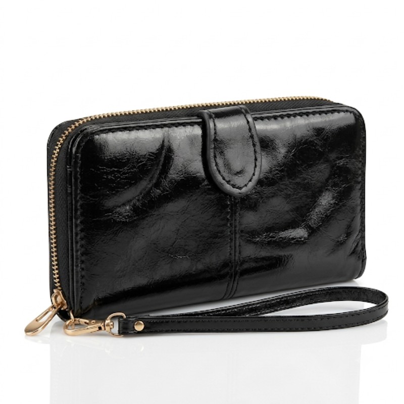 Women's Premium Black Leather Wristlet Wallet