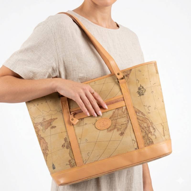 ALVIERO MARTINI 1° CLASSE map-print leather tote bag. - view 2