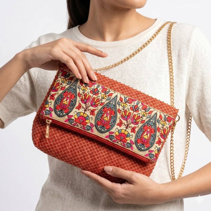 Red Embroidered Mixed Silk Chosha Bag - view 2