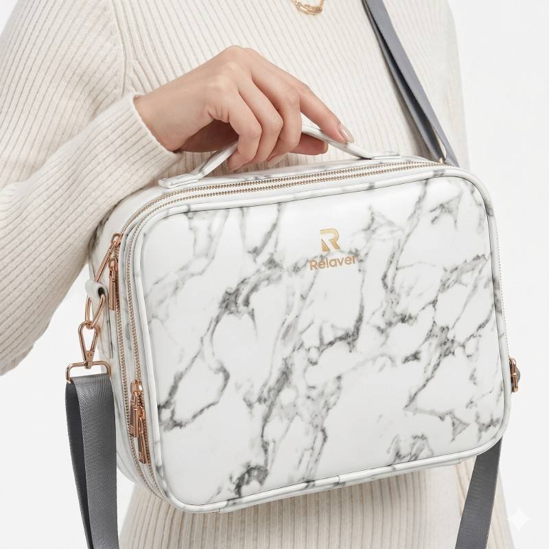 Relavel brand portable travel makeup train case with a marble pattern design. - view 2