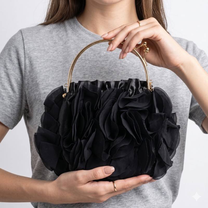 Black ruffled satin floral clutch purse - view 2