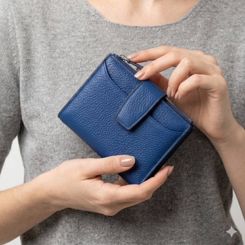 Premium Blue Grained  Cowhide Leather Compact Bifold Wallet - view 2