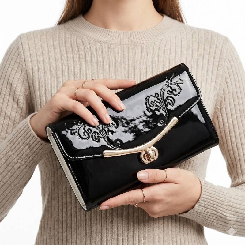 Black patent leather clutch wallet - view 2