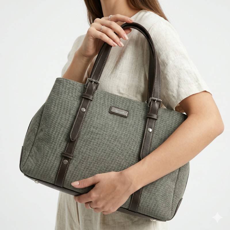 Canvas tote bag with leather-like straps and trim - view 2