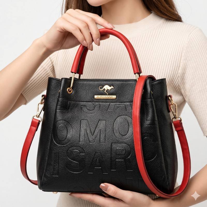 Jiushanniu branded black PU leather shoulder bag view 2