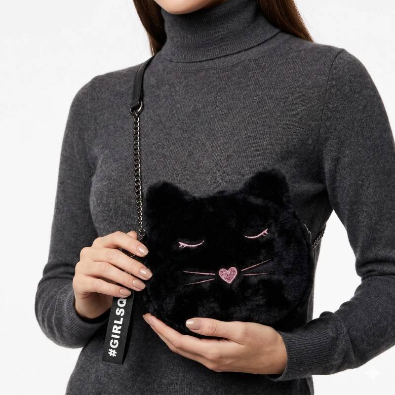Fluffy black cat novelty cross-body bag - view 2