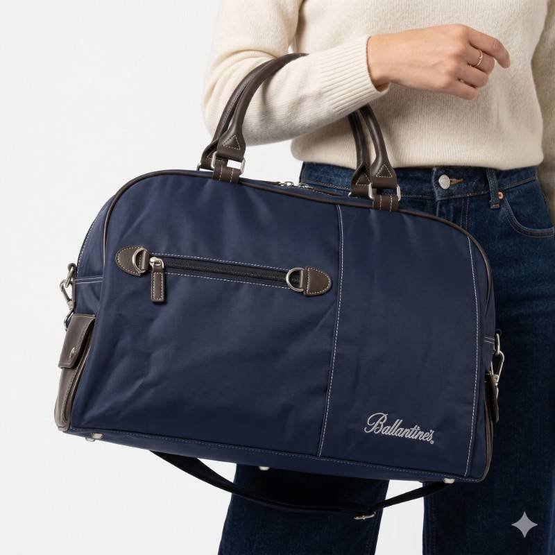 Ballantine's branded dark blue duffle bag with brown leather accents and a shoulder strap. - view 2