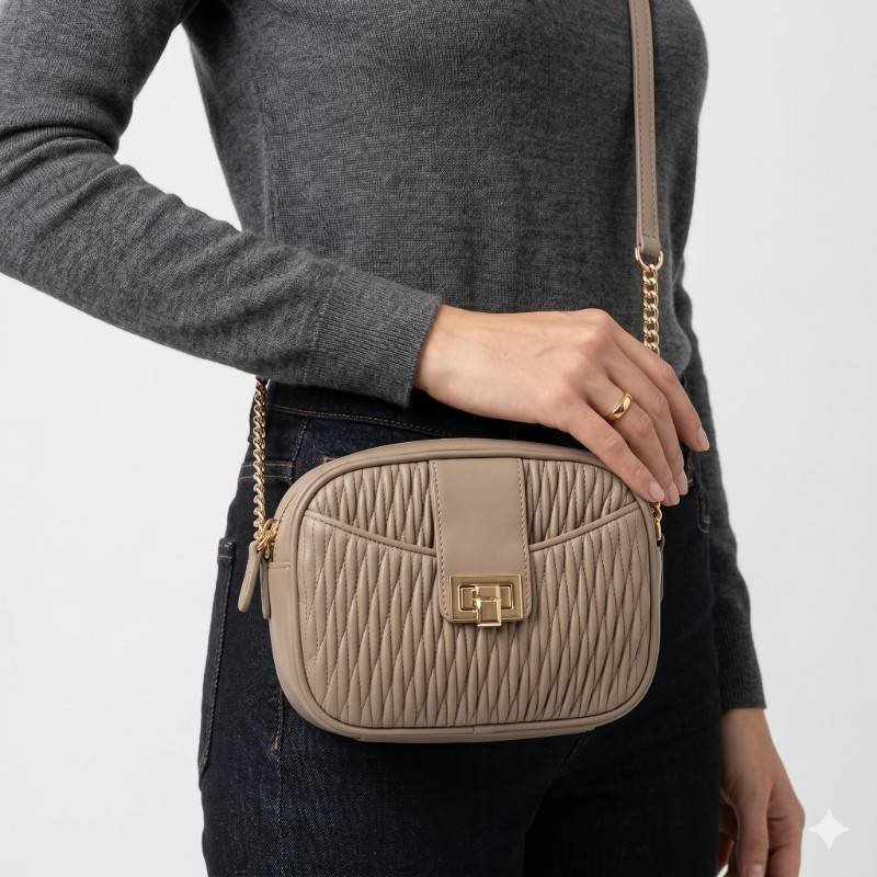 GRL chain pleated shoulder bag in greige. - view 2