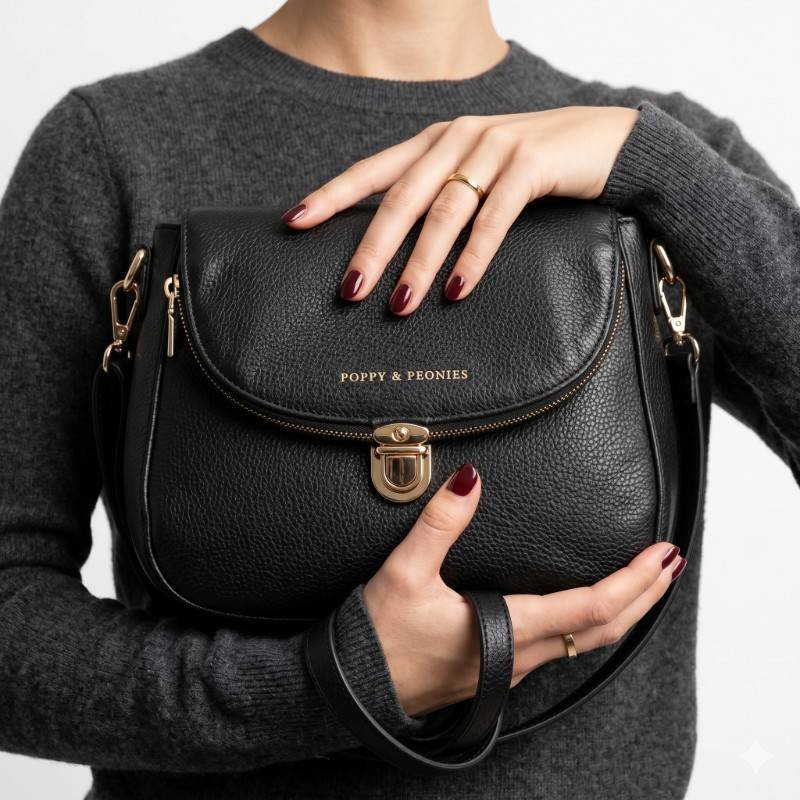 Black Poppy & Peonies Mini Downtown branded crossbody bag made from pebbled vegan leather. - view 2