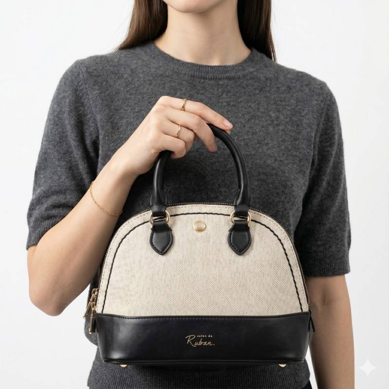 Salon de Ruban dome-shaped handbag featuring a beige fabric upper section and a black leatherette base. - view 2
