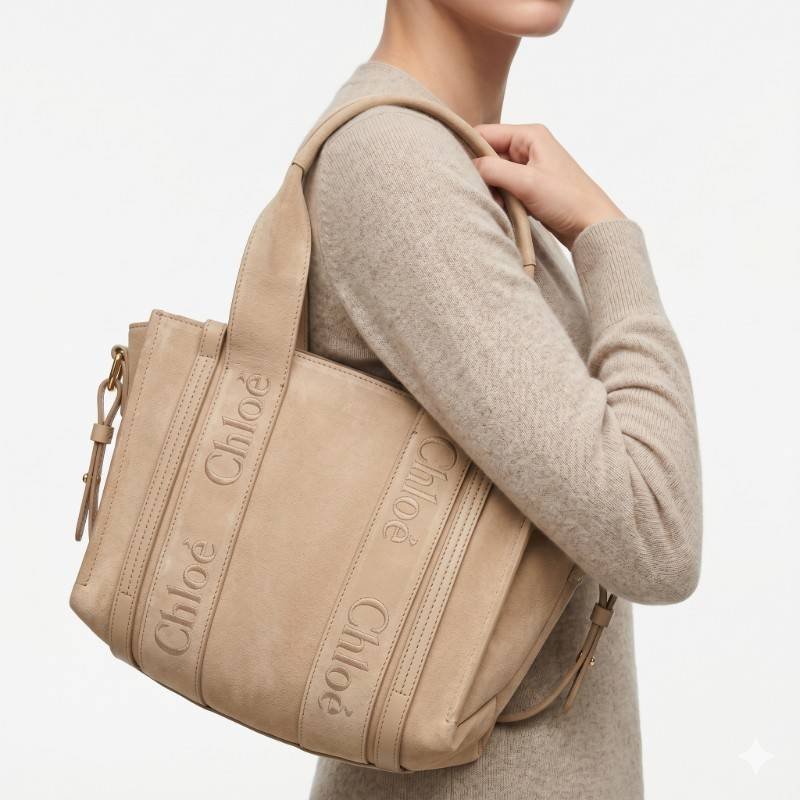Chloe Woody Medium canvas tote bag in beige with logo-embroidered straps. - view 2