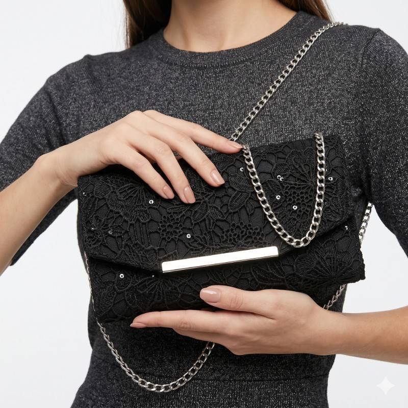 Black Temu floral lace evening Crossbody bag + clutch with a detachable silver chain strap. - view 2