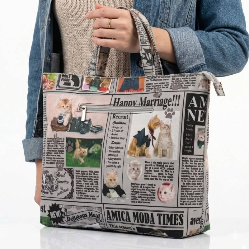 Urban Chic Newspaper Print Tote Bag – Vintage Cat Edition - view 2