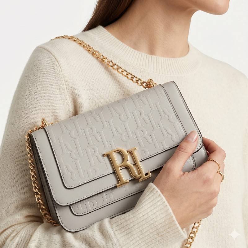 Luxury river island branded crossbody– Elegant Grey with Golden Chain Strap - view 2