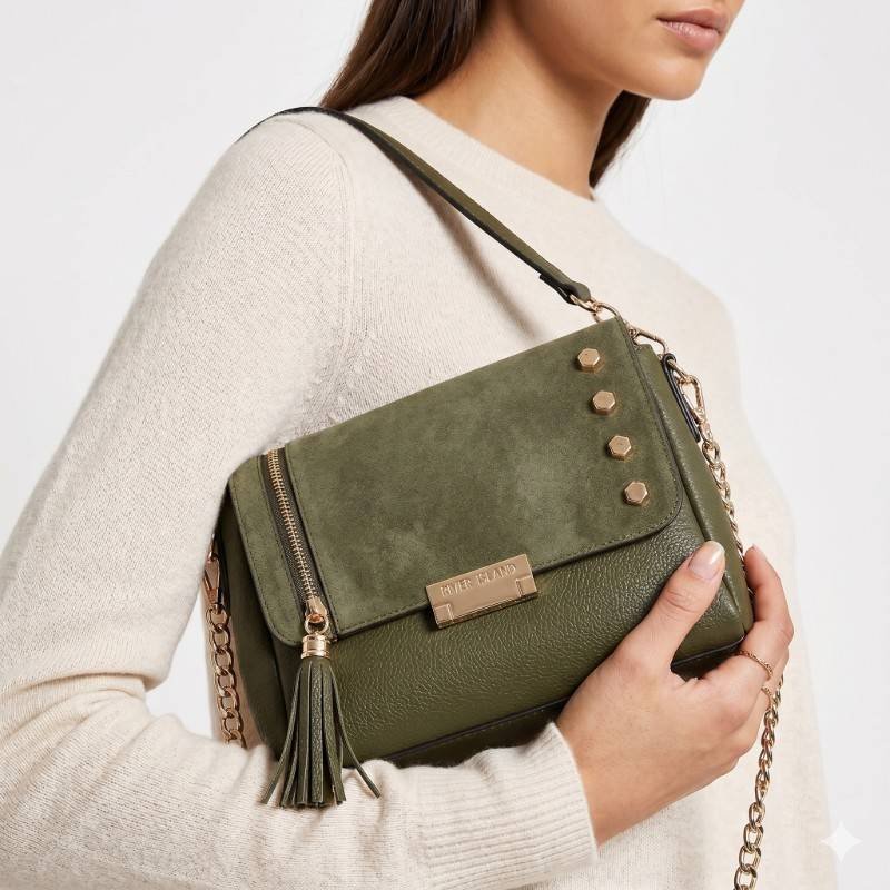 River island branded Olive Green Suede crossbody – Studded Tassel Edition - view 2