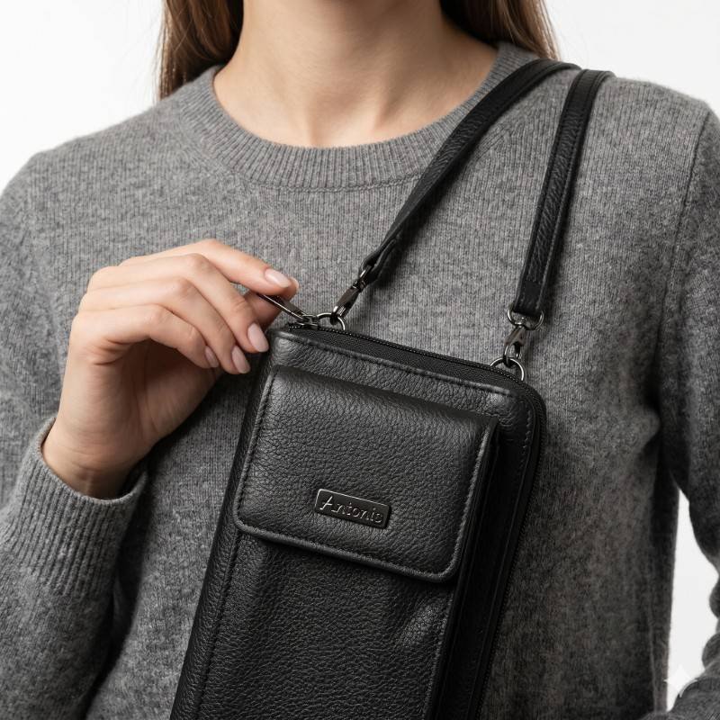 Antonio Premium Leather Mobile Crossbody – Compact Black Travel Pouch - view 2
