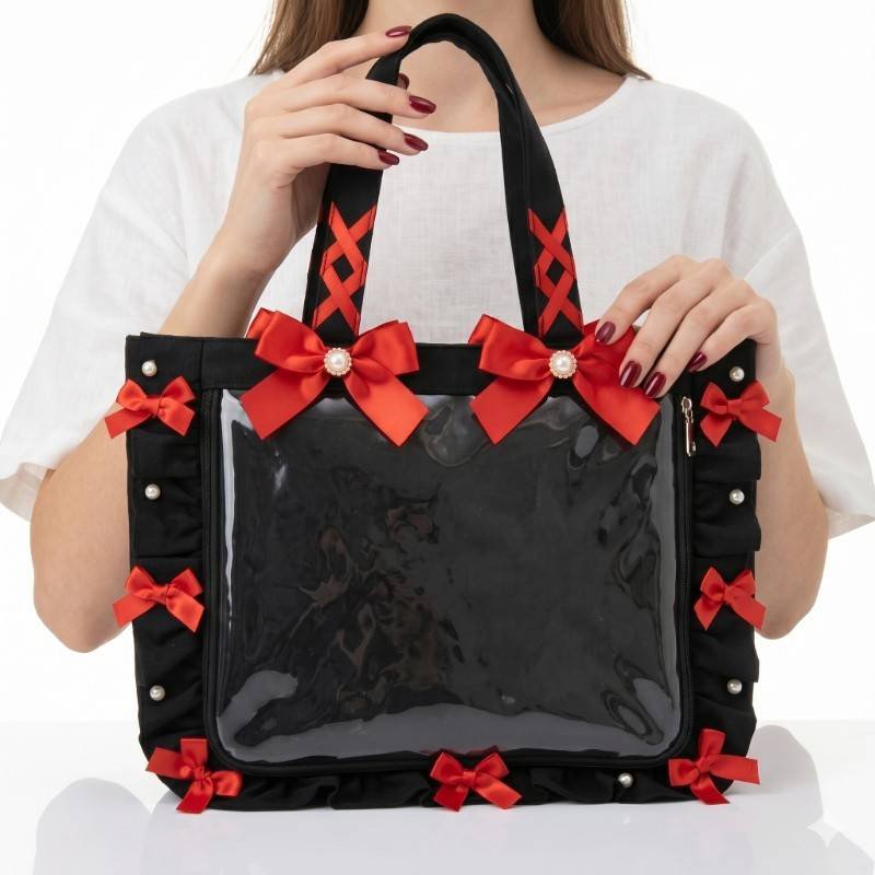 Zakkamart ruffle design Ita-bag in black with red bows. - view 2