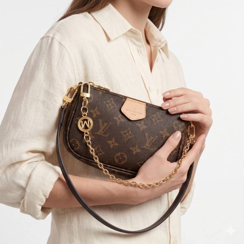 Louis Vuitton non coded Multi Pochette Accessoires bag in Monogram canvas with gold-tone hardware. view 2